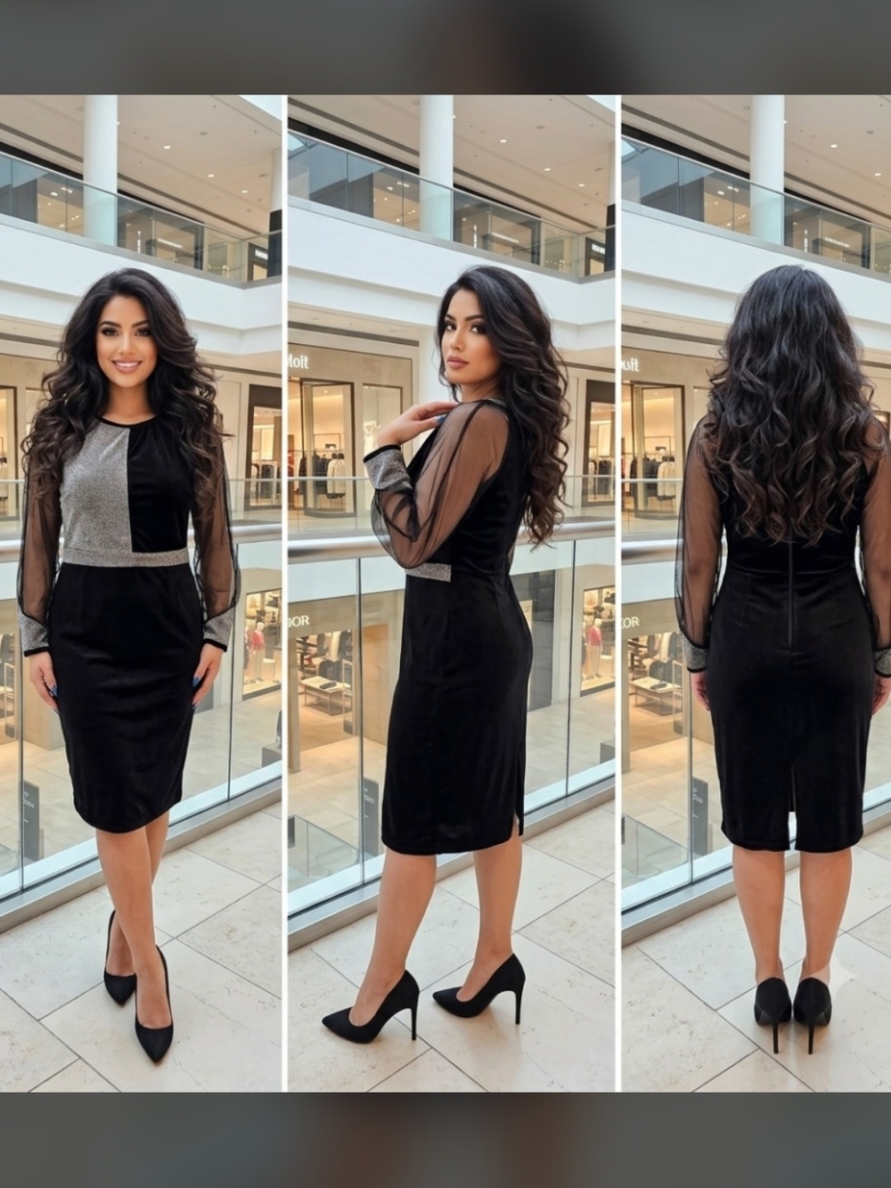 New Elegant Black & Silver Lurex Velvet Dress, Size 14, Long Sleeve Bodycon